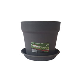image of GRO Plastic Flower Pot with Saucer 15cm Grey