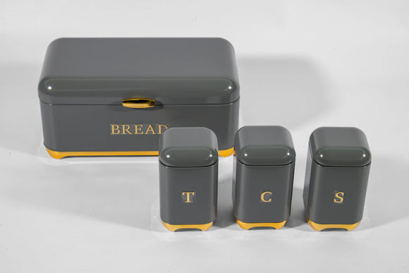 Kitchen Canister & Bread Box Set – Grey with Gold Base - image 01