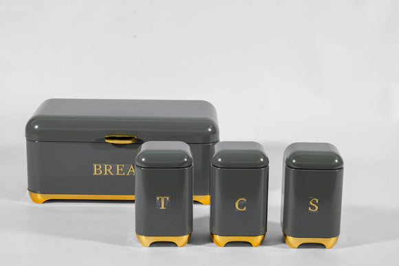Kitchen Canister & Bread Box Set – Grey with Gold Base - image 02
