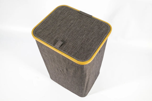 Bamboo Frame Laundry Basket with Lid – Grey Fabric (40 x 30 x 60 cm) - image 01