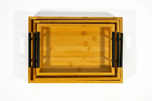 Bamboo Serving Tray Set with Black Handles – 3-Piece - image 01