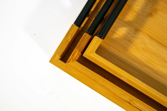 Bamboo Serving Tray Set with Black Handles – 3-Piece - image 02