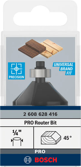 PRO Router Bit Chamfer, 45°, Shank 1/4?
D1 34,9 mm, B 13 mm, L 14,6 mm, G 56 mm, 45° - 0