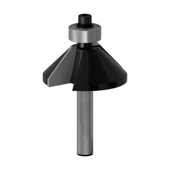 PRO Router Bit Chamfer, 45°, Shank 1/4?
D1 34,9 mm, B 13 mm, L 14,6 mm, G 56 mm, 45° - image 01