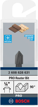 PRO Router Bit V-Groove, 90° x Ø 3/8?, Shank 1/4?
 D1 9,5 mm, L 12,4 mm, G 45 mm, 90°-2