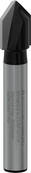 PRO Router Bit V-Groove, 90° x Ø 3/8?, Shank 1/4?
 D1 9,5 mm, L 12,4 mm, G 45 mm, 90°