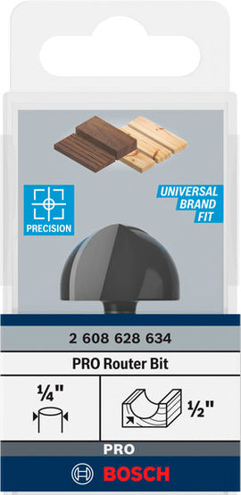 PRO Router Bit Core Box, R 1/2?, Shank 1/4?
 R1 12,7 mm, D 25,4 mm, L 15,6 mm, G 49 mm - 0