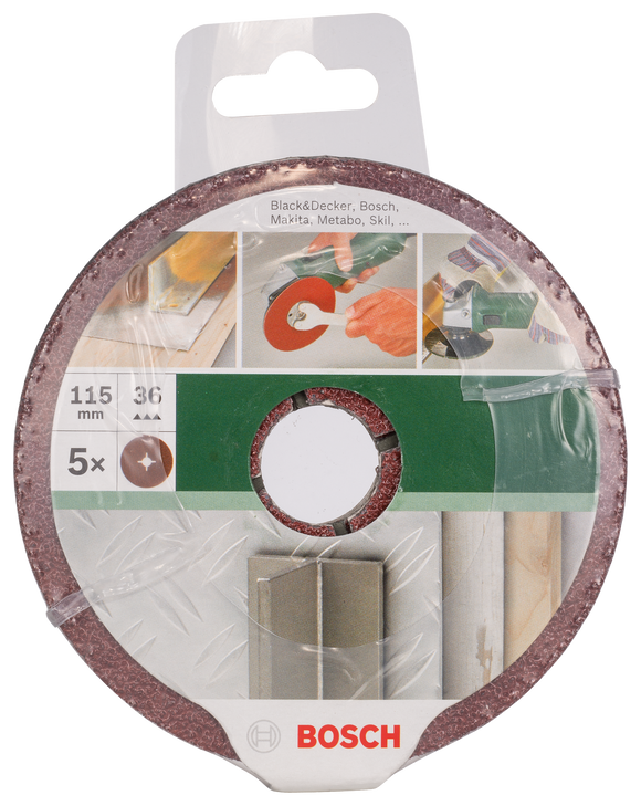 Bosch fibre sanding disc set for angle grinders, aluminium oxide 115 mm, 36, 5 pc