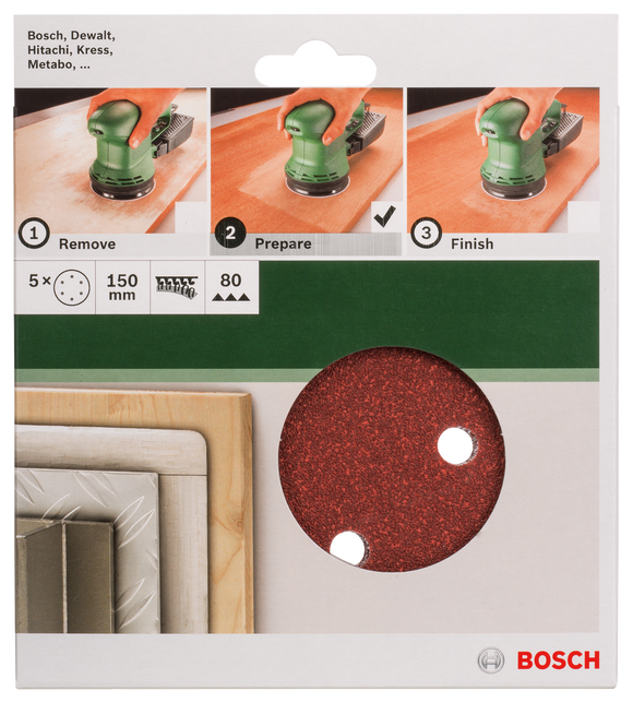 For random orbit sanders, 150 mm, 80, 5 pc