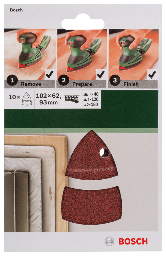 Bosch 10-piece sanding sheet set for multi-sanders 102 x 62/93 mm, 40-180, 10 pc