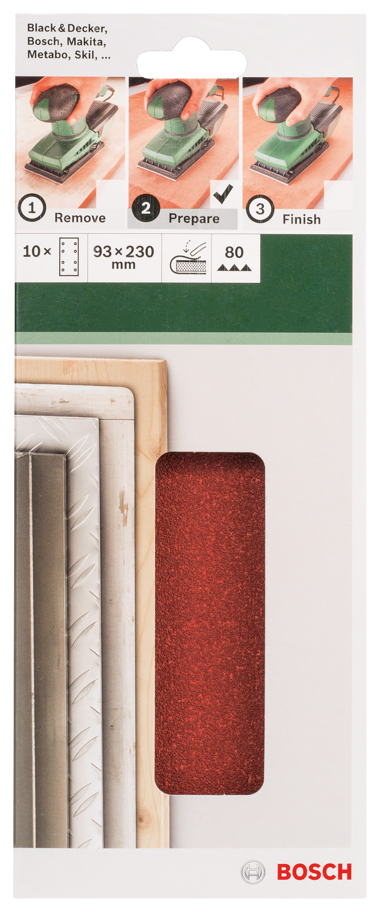 Bosch sanding sheet set for orbital sanders 93 x 230 mm, 80, 8-hole, 10 pc, clip on