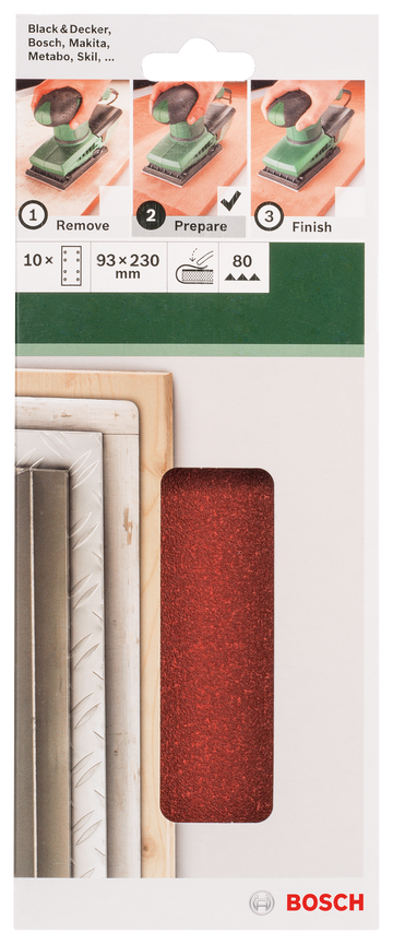 Bosch sanding sheet set for orbital sanders 93 x 230 mm, 80, 8-hole, 10 pc, clip on