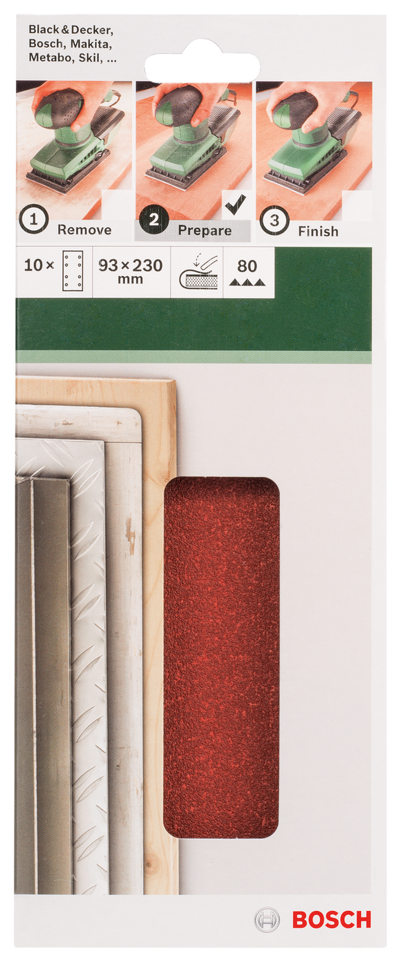 Bosch sanding sheet set for orbital sanders 93 x 230 mm, 80, 8-hole, 10 pc, clip on