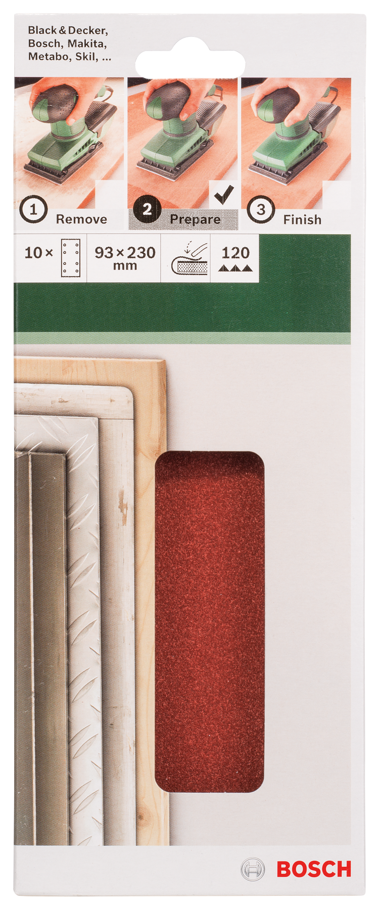 Bosch sanding sheet set for orbital sanders 93 x 230 mm, 120, 8 holes, 10 pc, clip on - 0