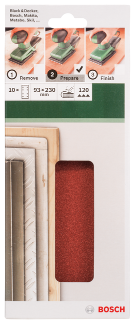 Bosch sanding sheet set for orbital sanders 93 x 230 mm, 120, 8 holes, 10 pc, clip on - 0