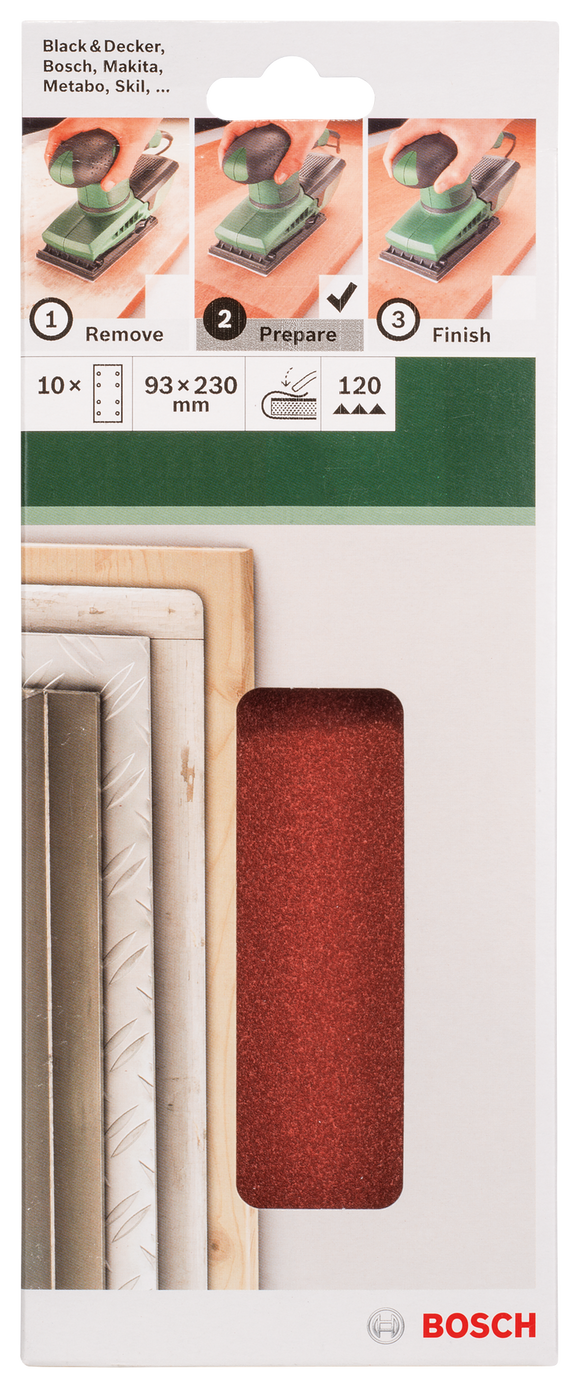 Bosch sanding sheet set for orbital sanders 93 x 230 mm, 120, 8 holes, 10 pc, clip on