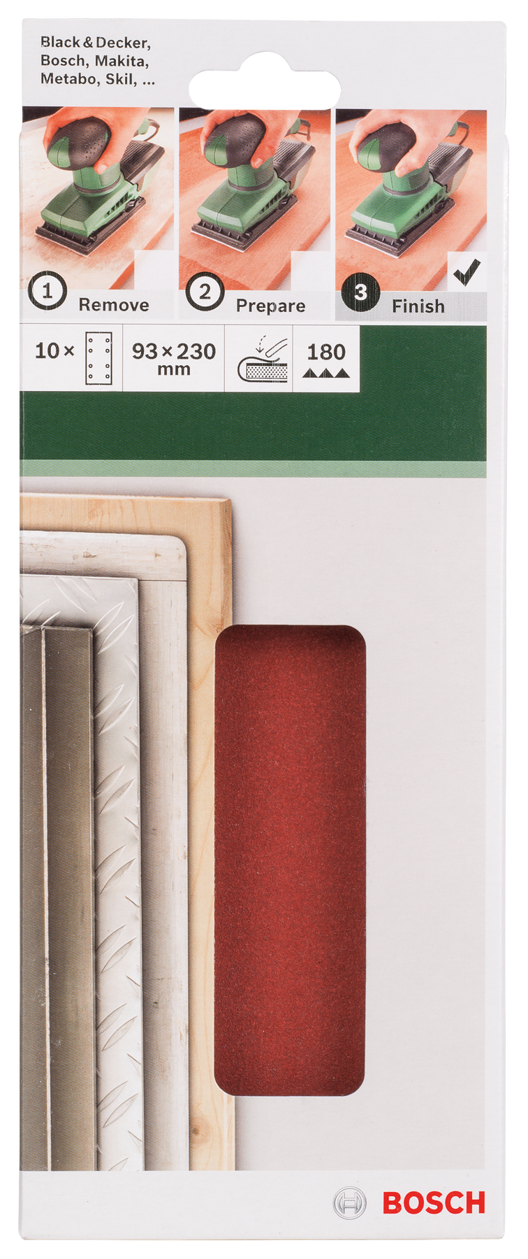 For orbital sanders, 93 x 230 mm, 180, 8 holes, 10 pc, clip on - 0