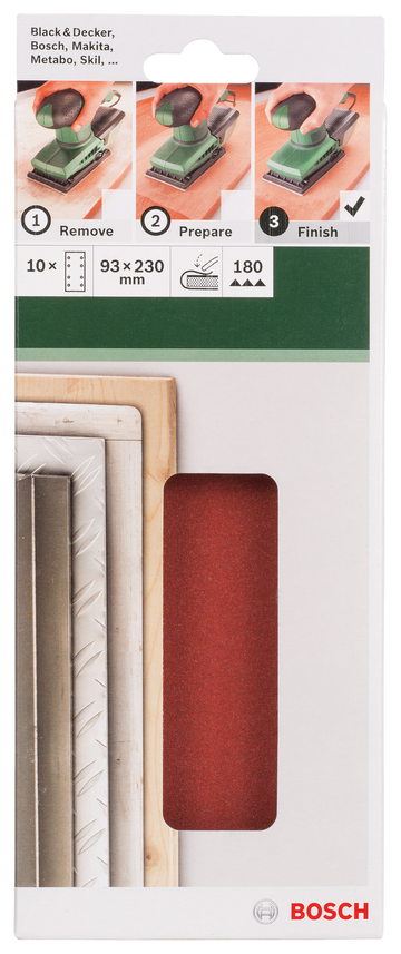 For orbital sanders, 93 x 230 mm, 180, 8 holes, 10 pc, clip on - 0