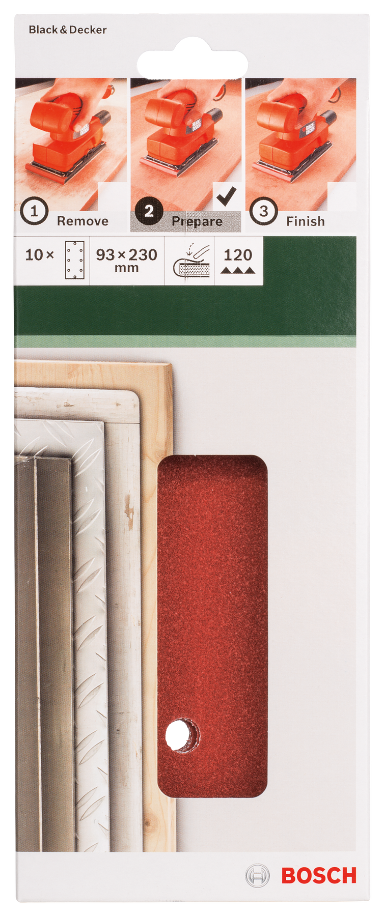 Bosch sanding sheet set for orbital sanders 93 x 230 mm, 120, 8 holes, 10 pc, clip on - 0
