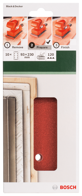 Bosch sanding sheet set for orbital sanders 93 x 230 mm, 120, 8 holes, 10 pc, clip on - 0