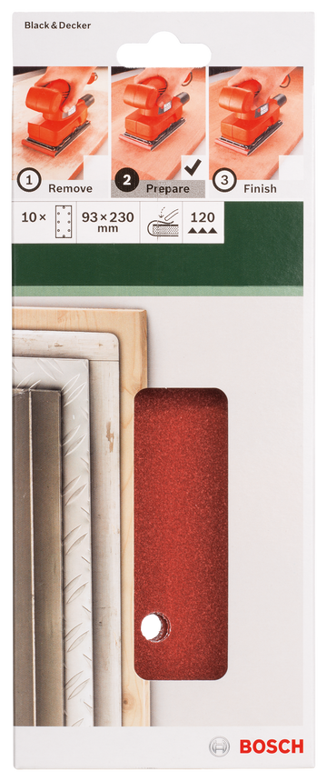 Bosch sanding sheet set for orbital sanders 93 x 230 mm, 120, 8 holes, 10 pc, clip on - 0