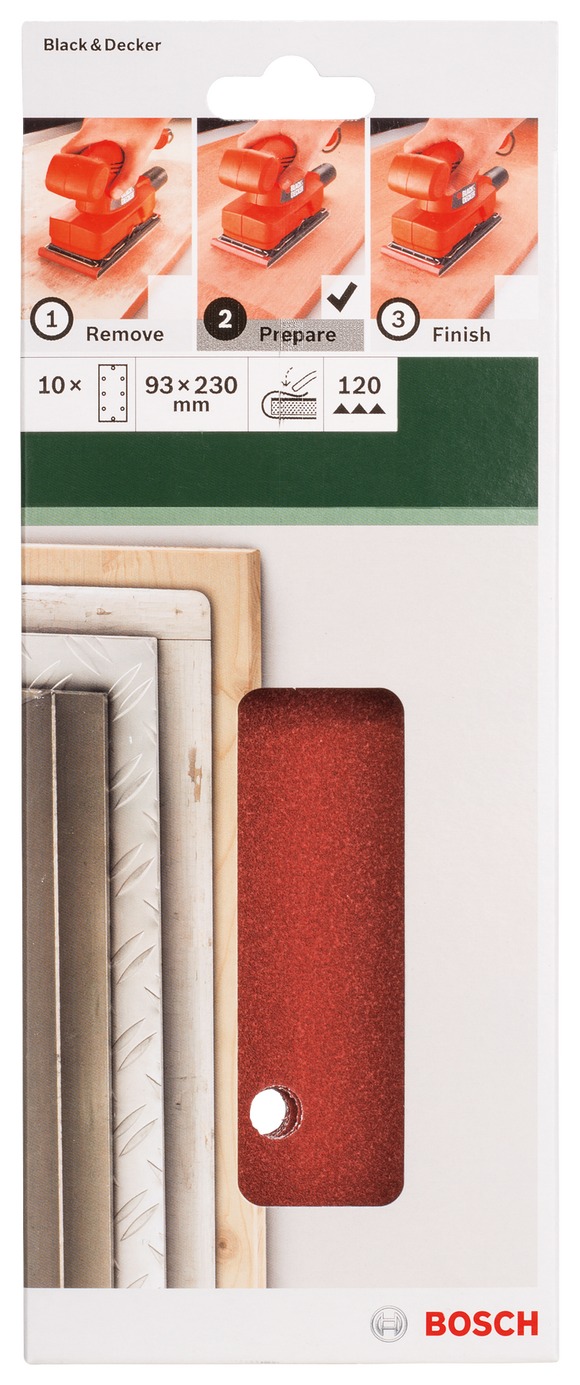 Bosch sanding sheet set for orbital sanders 93 x 230 mm, 120, 8 holes, 10 pc, clip on