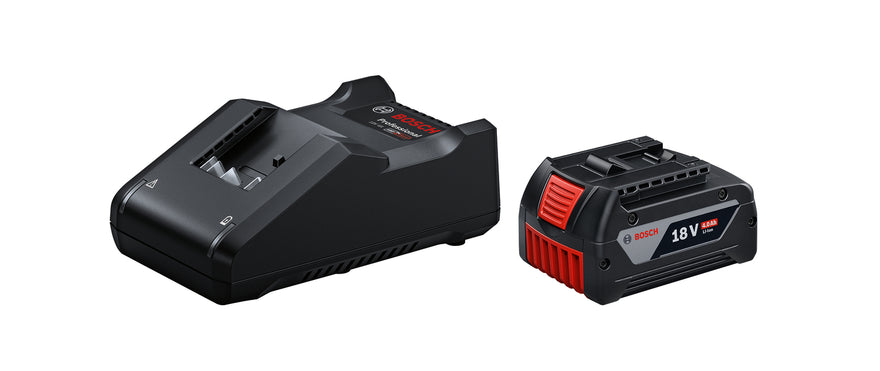 Bosch battery charger and battery on a white background