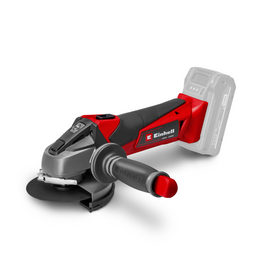 Red and gray angle grinder with a clear battery pack on a white background, featuring the Einhell brand.