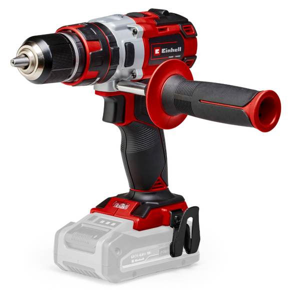 Red and black cordless drill with visible Einhell branding on a white background