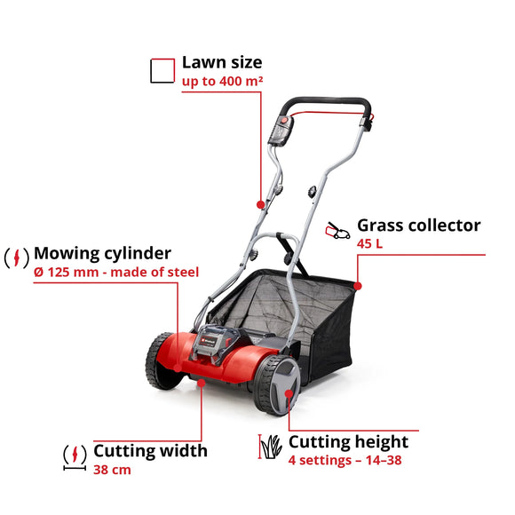 Einhell Cordless Cylinder Lawn Mower GE-HM 18/38 Li-Solo - image 03