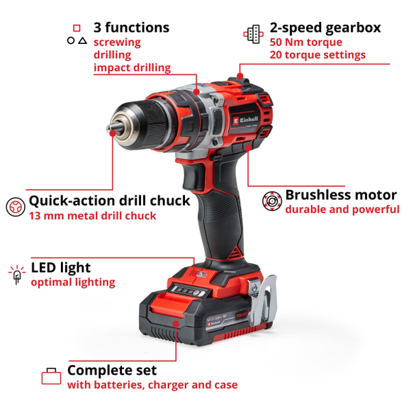 Einhell Cordless Impact Drill TP-CD 18/50 Li-I Bl (2X2,0Ah With Carry Case)