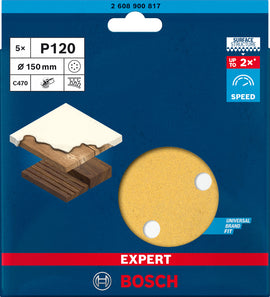 EXPERT C470 Sandpaper with 6 holes for Random Orbital Sanders 150 mm, G 120 5-pc - 0