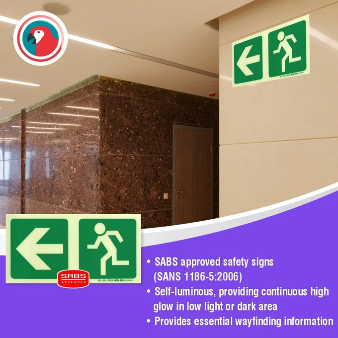 Parrot Photoluminescent 190mm Safety Sign -E2-Arrow Left+Running Man - image 05