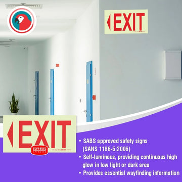 Parrot Photoluminescent 190mm Safety Sign -E5-Arrow Left+Exit - image 01