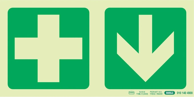 Parrot Photoluminescent 190mm Safety Sign -E7A-Green Cross+Arrow Down - image 02