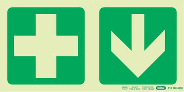 Parrot Photoluminescent 190mm Safety Sign -E7A-Green Cross+Arrow Down - image 01