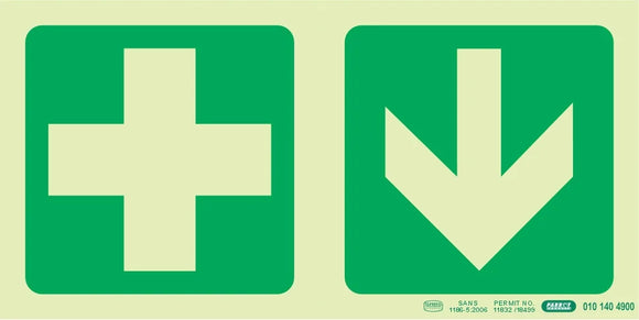 Parrot Photoluminescent 190mm Safety Sign -E7A-Green Cross+Arrow Down - image 01