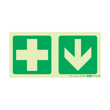 Image of Photoluminescent 190Mm Safety Sign -E7A-Green Cross+Arrow Down