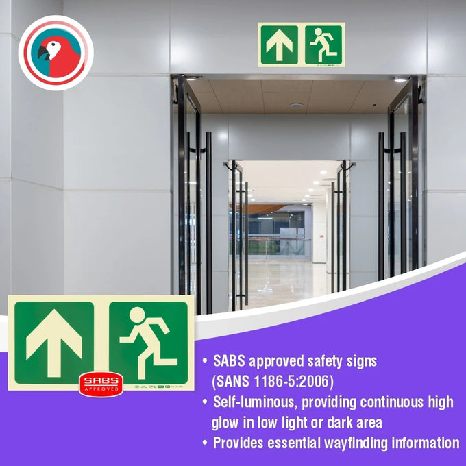 Parrot Photoluminescent 190mm Safety Sign -E10-Arrow Up+Running Man - image 01