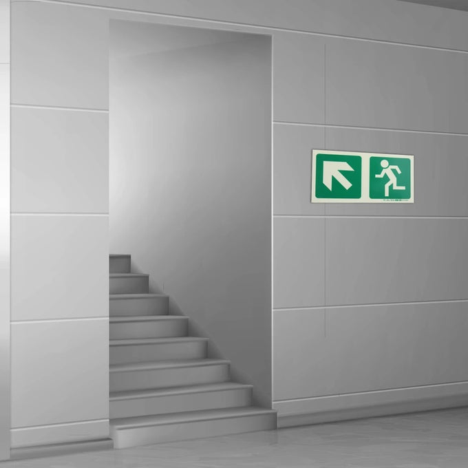 Parrot Photoluminescent 190mm Safety Sign -E12-Diagonal Arrow Up And Left+Running Man - image 01