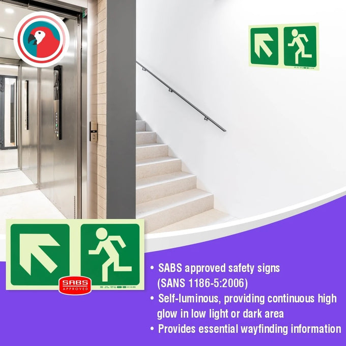 Parrot Photoluminescent 190mm Safety Sign -E12-Diagonal Arrow Up And Left+Running Man - image 05