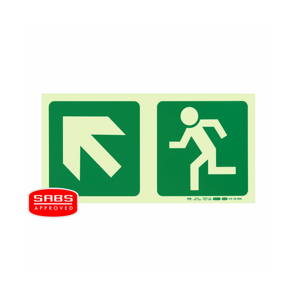Image of Photoluminescent 190Mm Safety Sign -E12-Diagonal Arrow Up And Left+Running Man