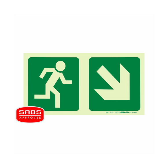 Image of Photoluminescent 190Mm Safety Sign -E13-Running Man+Diagonal Arrow Down And Right