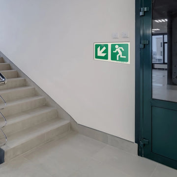 Parrot Photoluminescent 190mm Safety Sign -E14-Diagonal Arrow Down And Left +Running Man - image 01