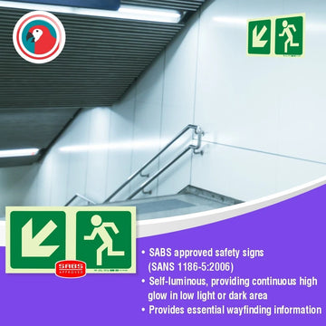Parrot Photoluminescent 190mm Safety Sign -E14-Diagonal Arrow Down And Left +Running Man - image 02