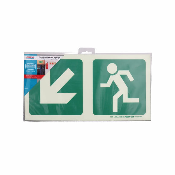 Parrot Photoluminescent 190mm Safety Sign -E14-Diagonal Arrow Down And Left +Running Man - image 01