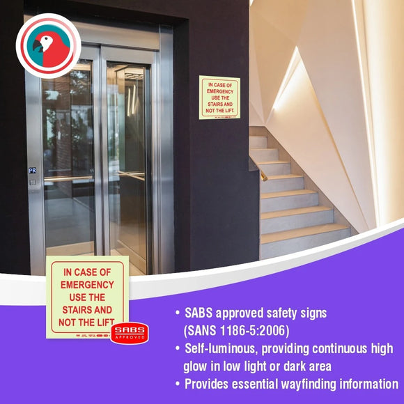 Parrot Photoluminescent 190mm Safety Sign -E15-In Case Of Emergency Use The Stairs And Not The Lift - image 04
