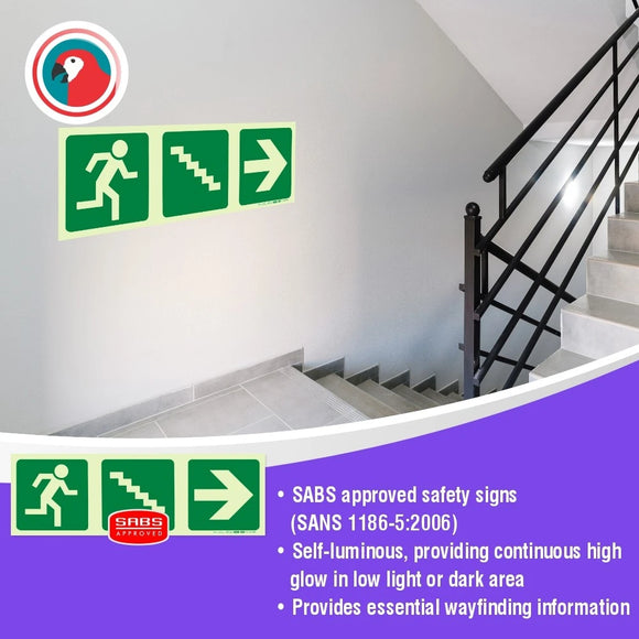 Parrot Photoluminescent 190mm Safety Sign -E16-Running Man+Stairs Going Down+Arrow Right - image 02