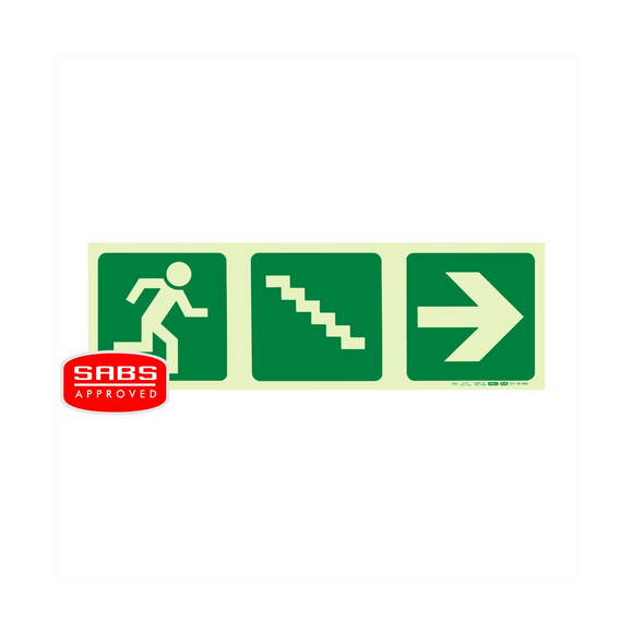 Image of Photoluminescent 190Mm Safety Sign -E16-Running Man+Stairs Going Down+Arrow Right