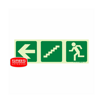 Image of Photoluminescent 190Mm Safety Sign -E17-Arrow Left+Stairs Going Down+Running Man